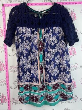 Akemi & kin mini dress or shirt Navy Floral Lace Yoke Boho Tunic Teal Accents
